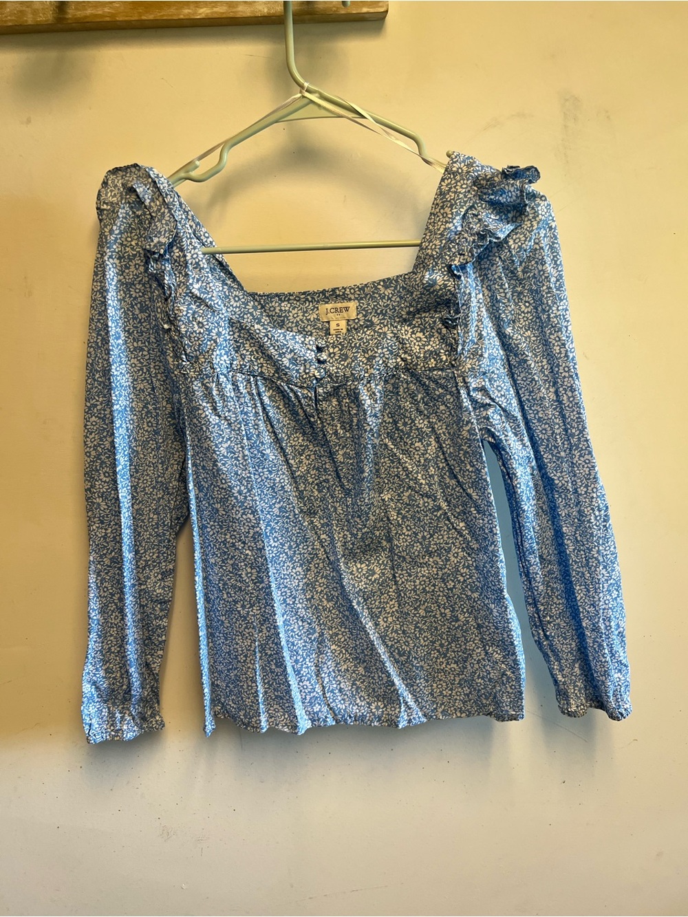 J. Crew Light Blue Floral Ruffle Square-Neck Blouse